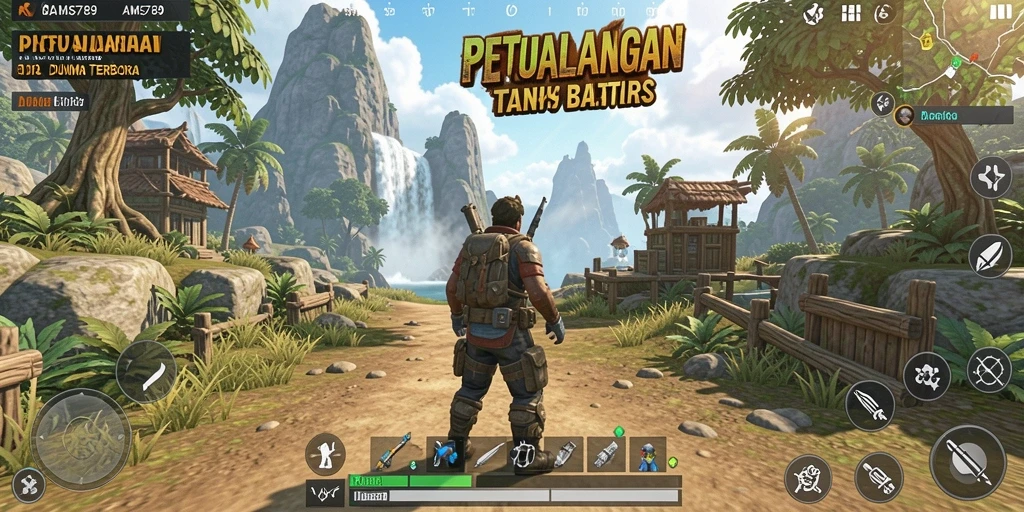 Screenshot gameplay AMS789 menampilkan eksplorasi dunia terbuka yang sangat luas.