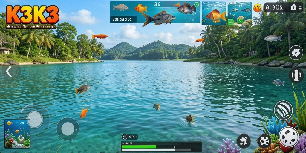 Screenshot gameplay K3K3 menampilkan aksi menangkap ikan yang seru.