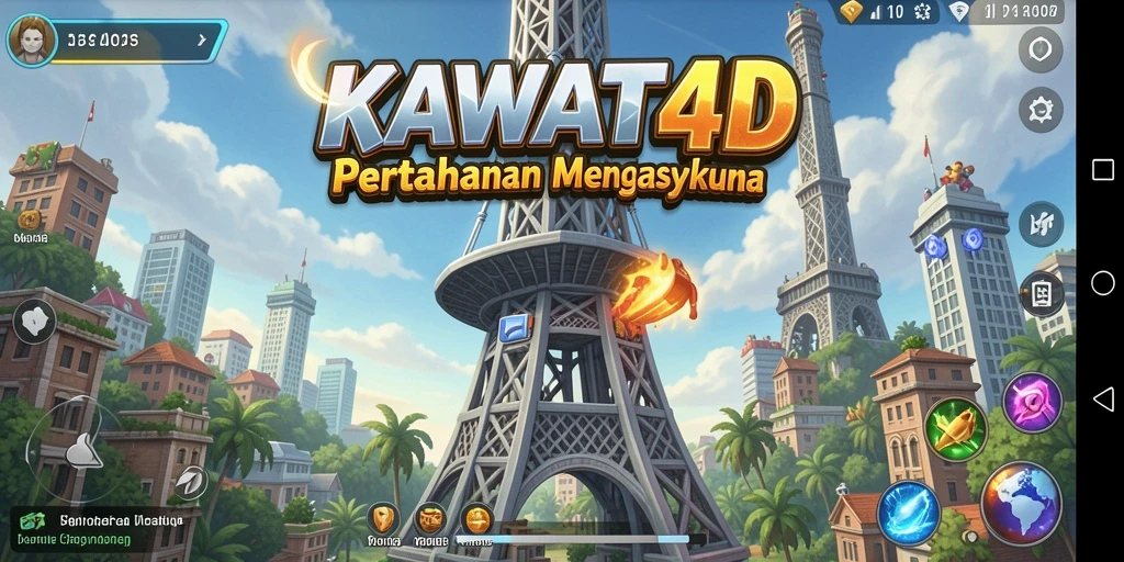 Tangkapan layar KAWAT4D menampilkan aksi menara pertahanan yang seru.