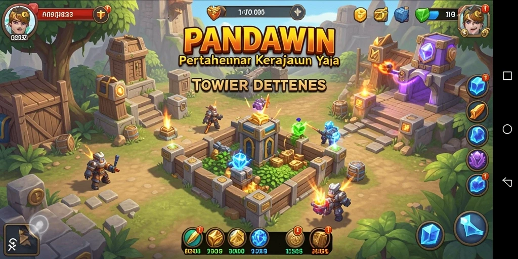 Tangkapan layar dari gameplay <strong>PANDAWIN</strong> yang menampilkan menara dan musuh dalam pertempuran.