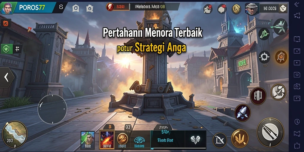 Tampilan aksi menara dalam game Tower Defense POROS77.