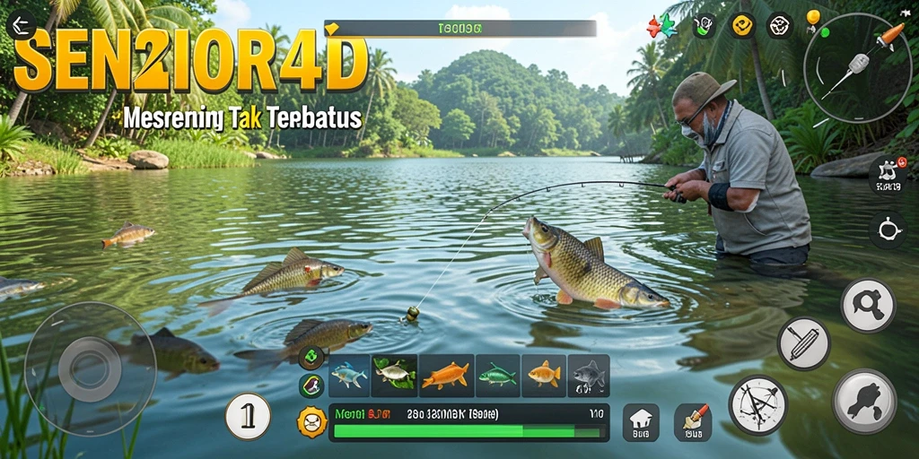 Screenshot utama SENIOR4D menampilkan aksi memancing yang mendebarkan.