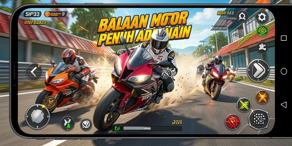 Tampilan gameplay SIP33 yang intens dan penuh aksi balapan motor.